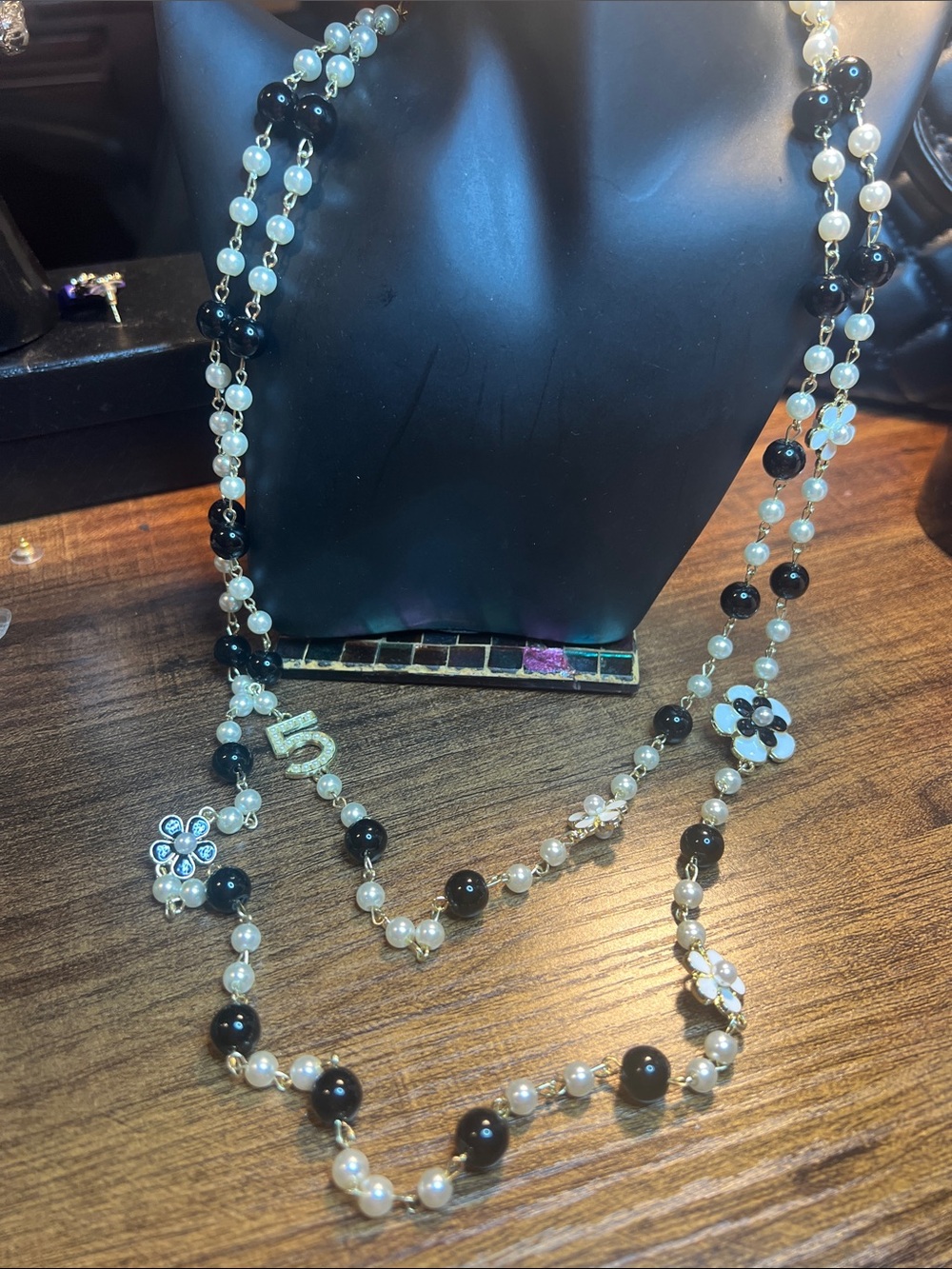 Black and White Pearl Multi-Strand Floral Charm Necklace
